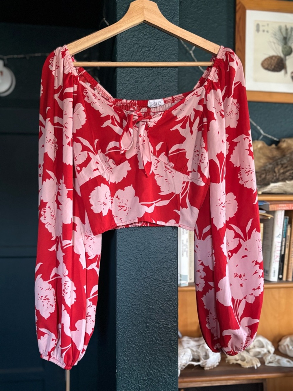 Sienna Sky Red and Pink Floral Off-Shoulder Long-Sleeve Crop Top